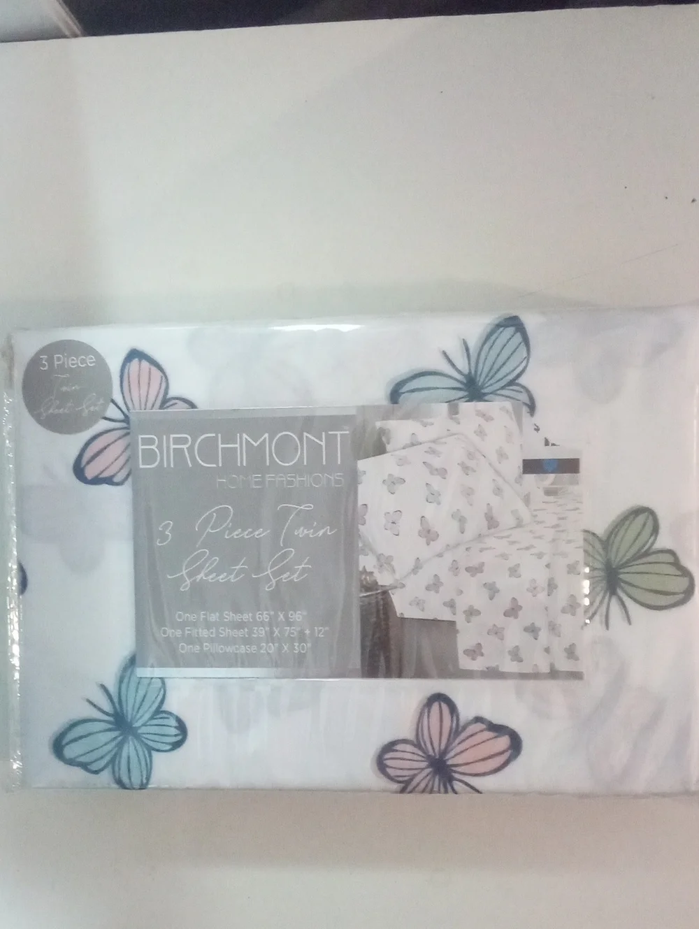 Birchmont 3-Piece Twin Sheet Set NWT Butterfly Print Pastel Accents